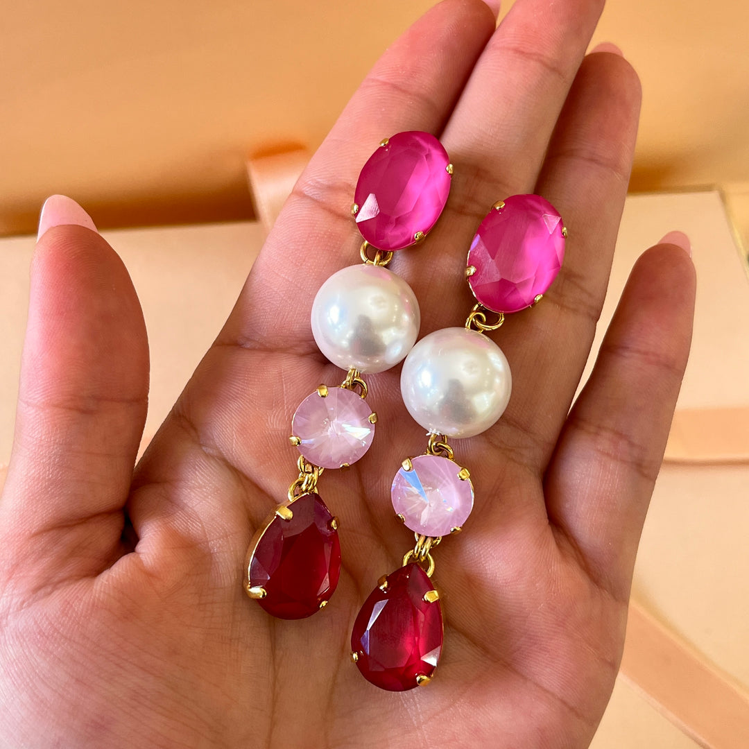 Pink and red Swarovski crystals with pearls earrings and ring