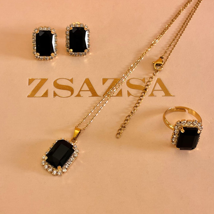 Rectangular Black Preciosa Crystals gold plated pendant set