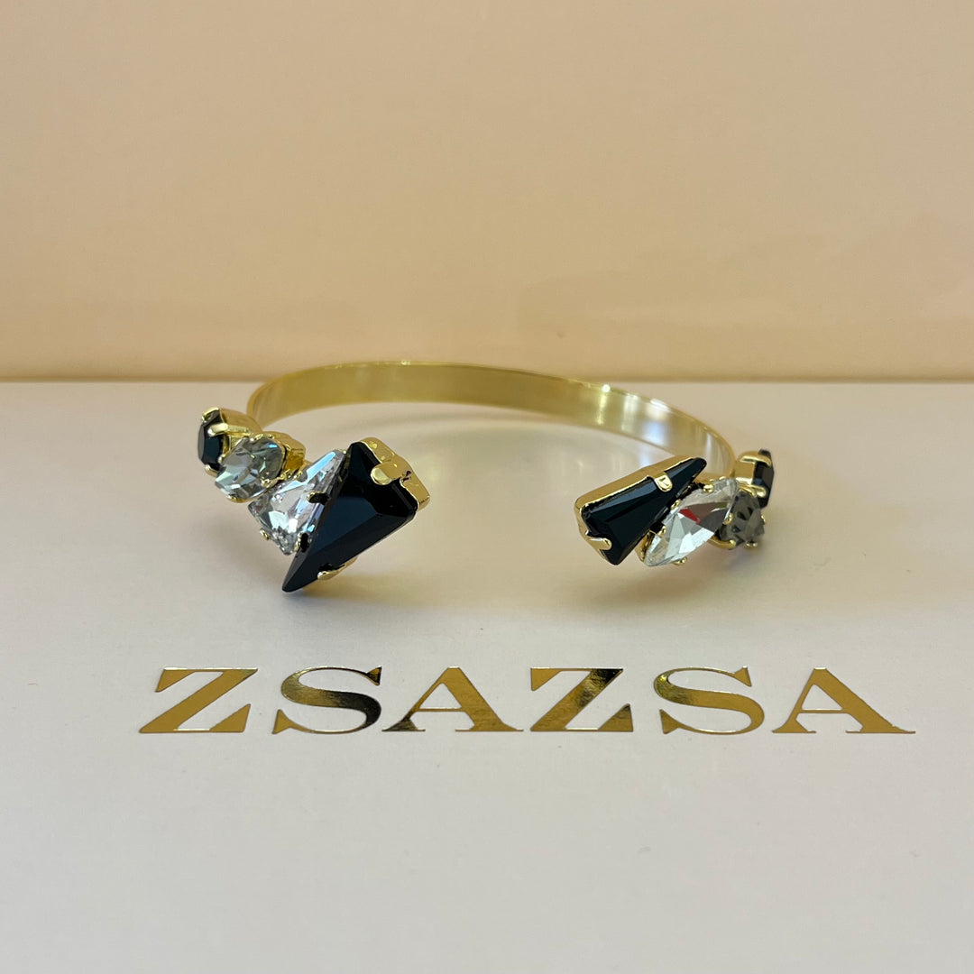 Black and grey preciosa crystals gold big bangle