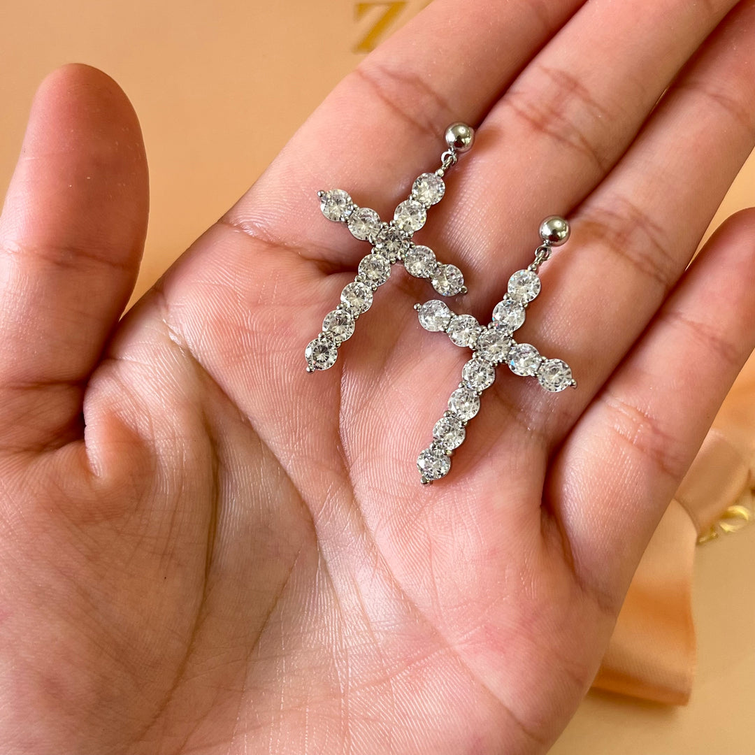 Silver zircone cross earrings