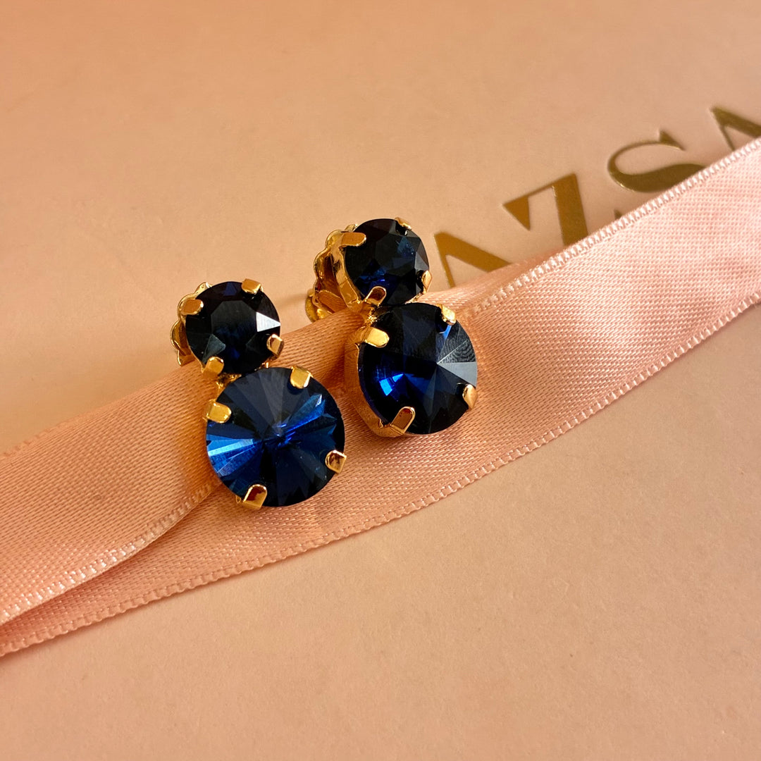 Double round navy blue gold plated earrings