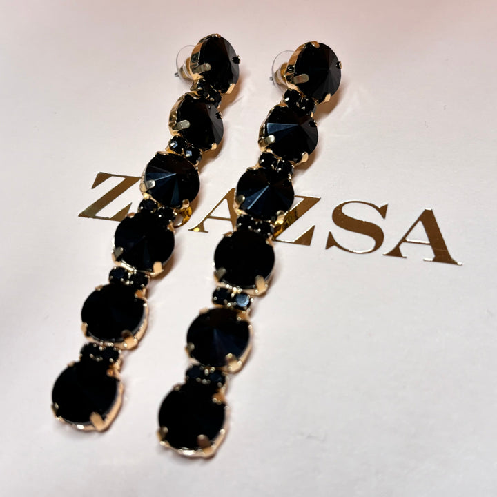 Long black rhinestone gold earrings