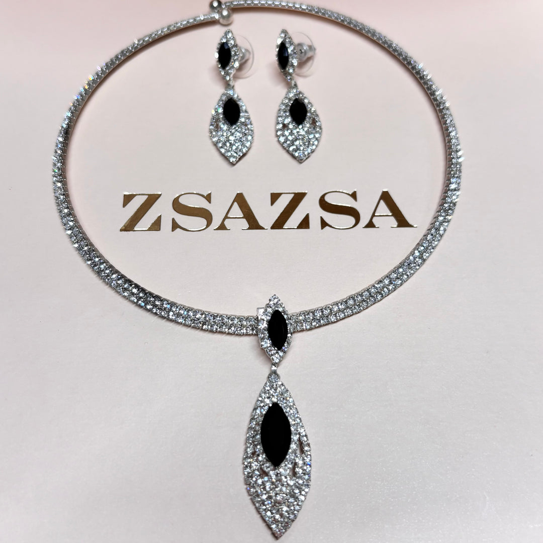 Marquise black rhinestone silver set