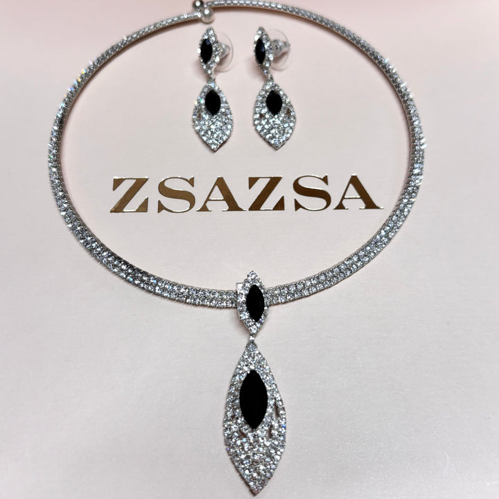Marquise black rhinestone silver set