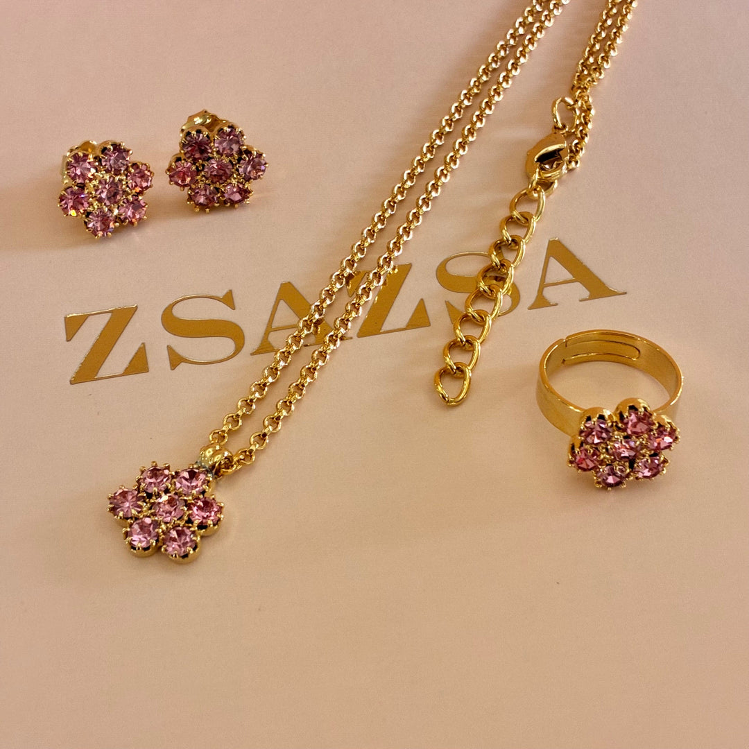 Flower pink crystals gold plated set