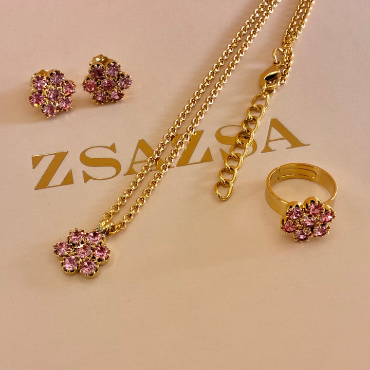 Flower pink crystals gold plated set