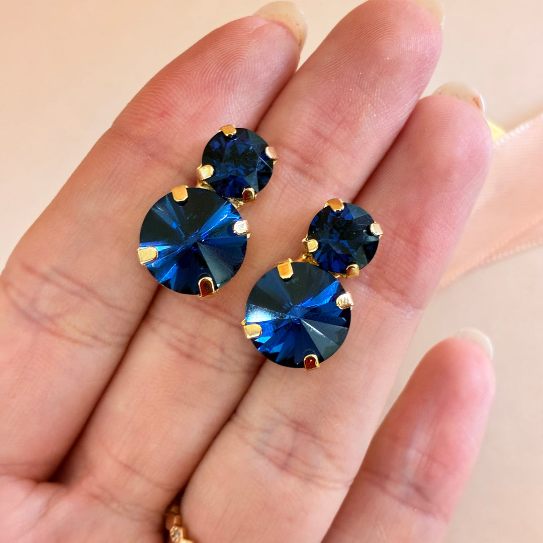 Double round navy blue gold plated earrings