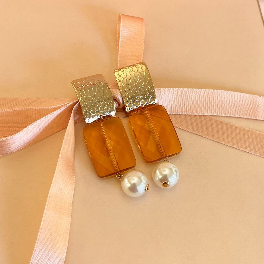 Topaz resin and pearl earrings