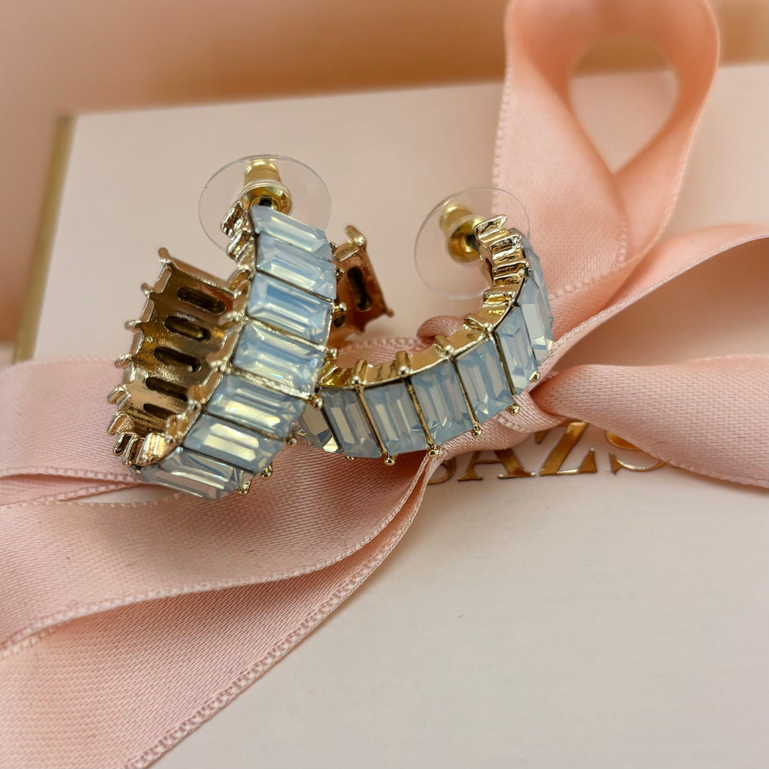 White rhinestone baguette gold plated hoops