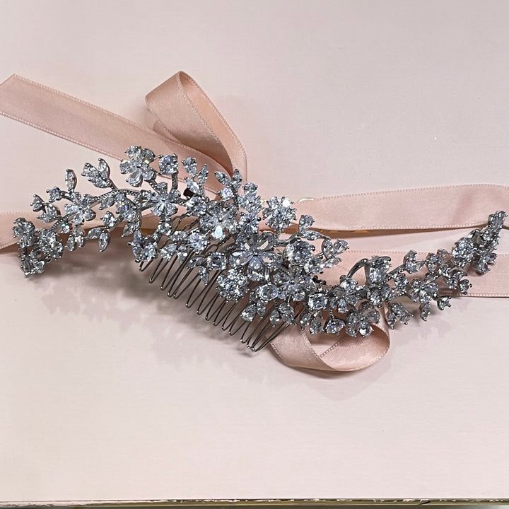 3-D silver long statement cubic zirconia comb