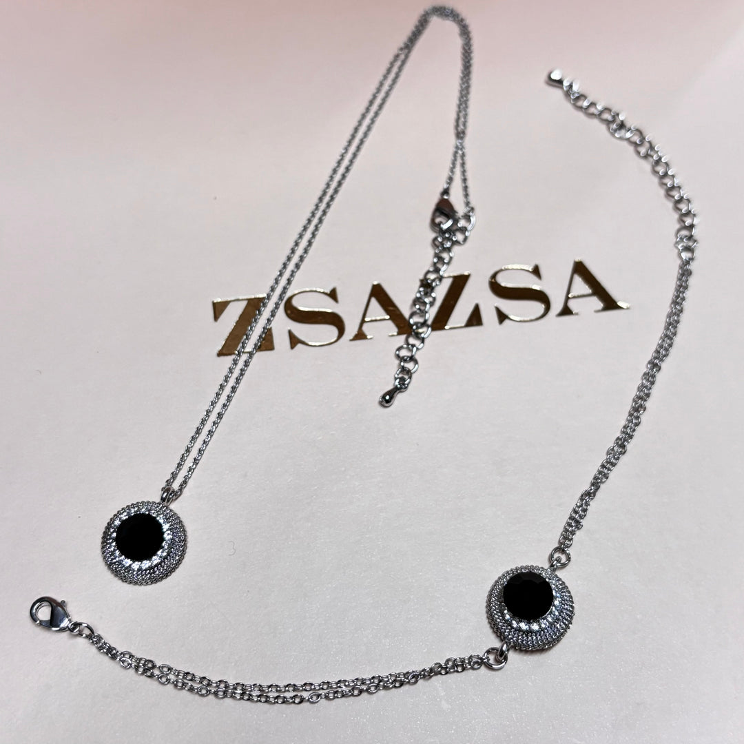 Dainty black rhinestone silver set