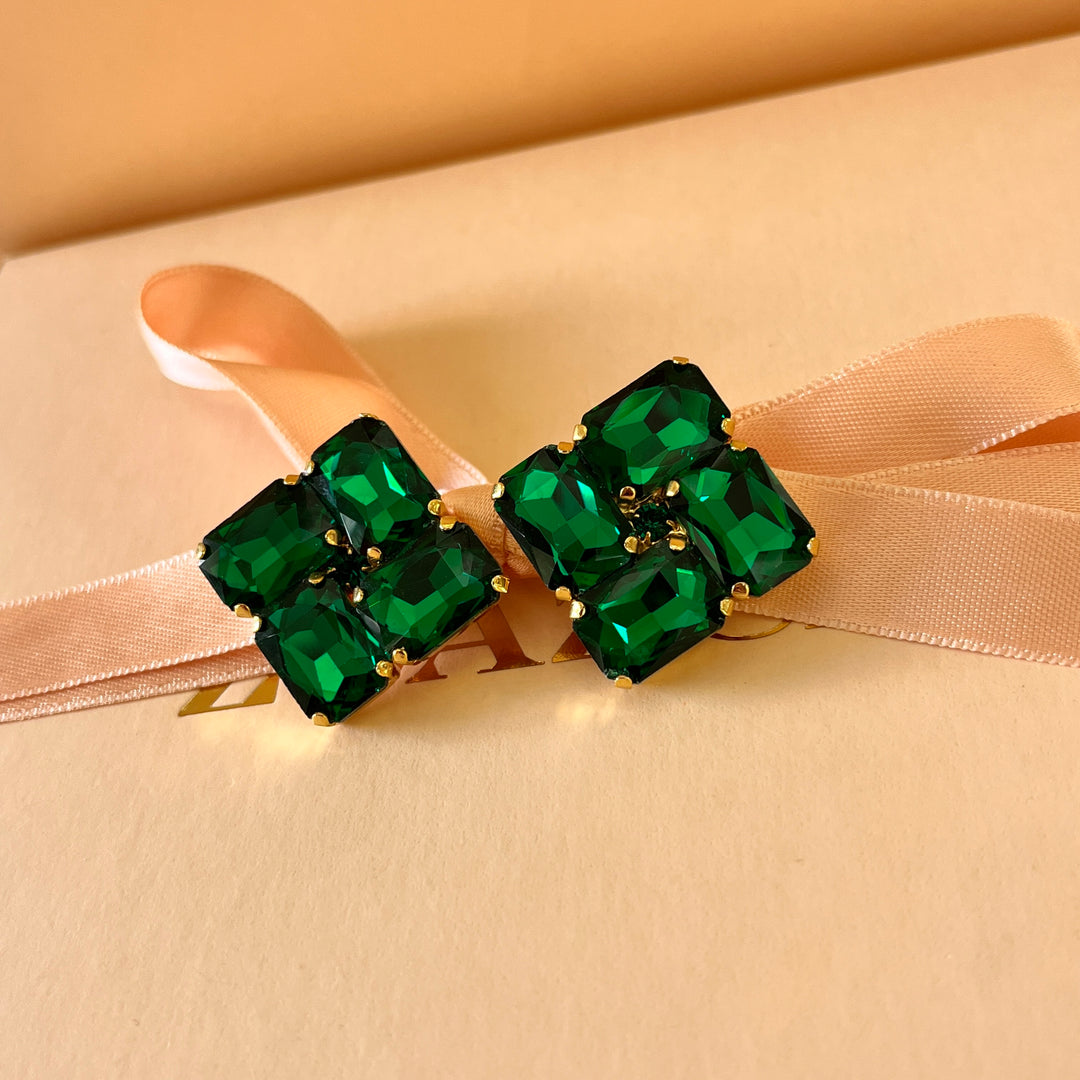 Dark green square preciosa crystals studs and ring