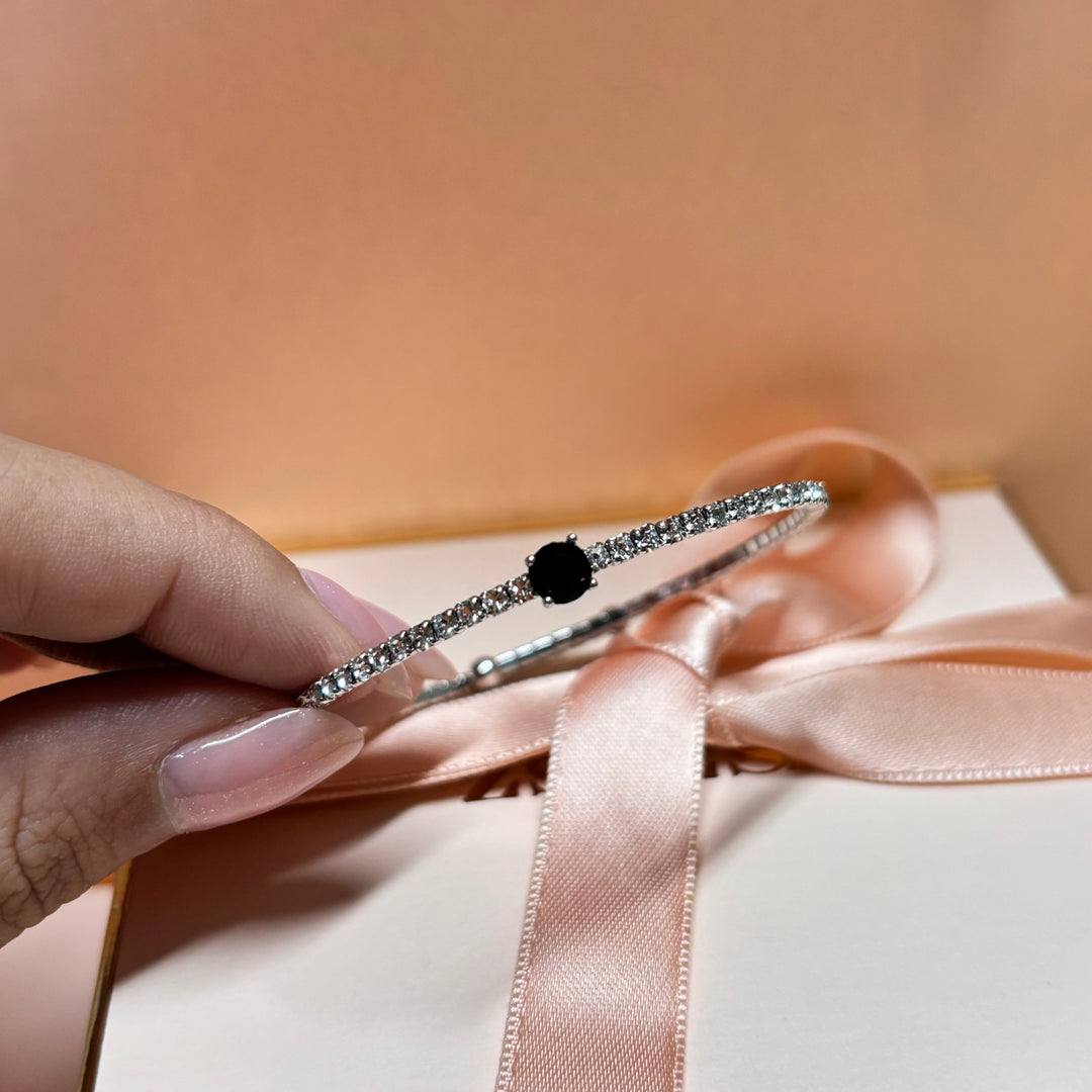 Dainty black rhinestone silver bangle