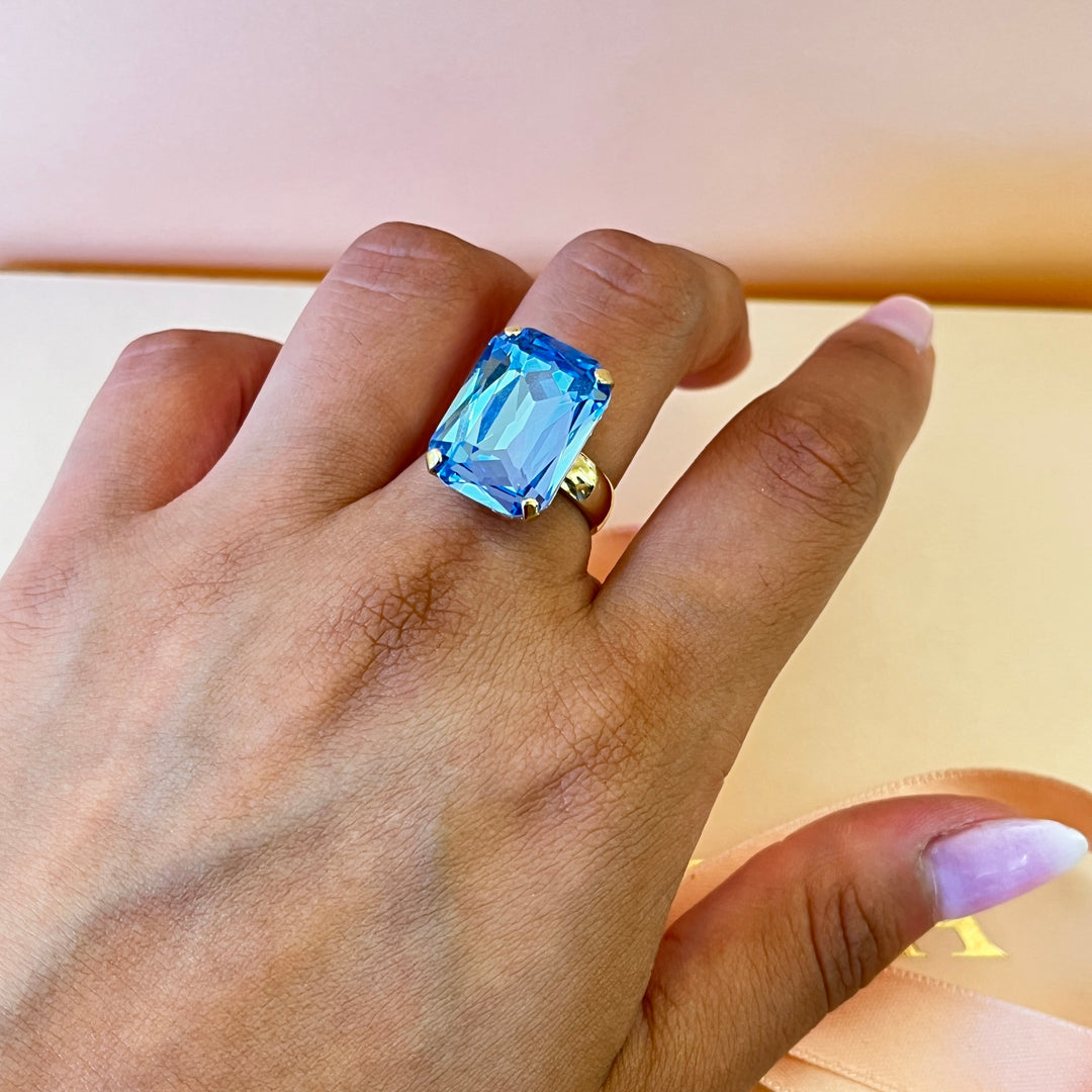 Light blue rectangular Preciosa crystals ring