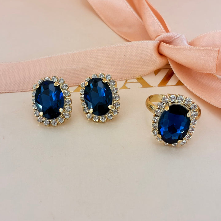 Navy blue oval Preciosa crystals studs and ring