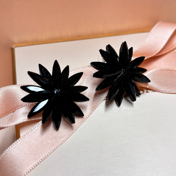 Big black rhinestone flower studs