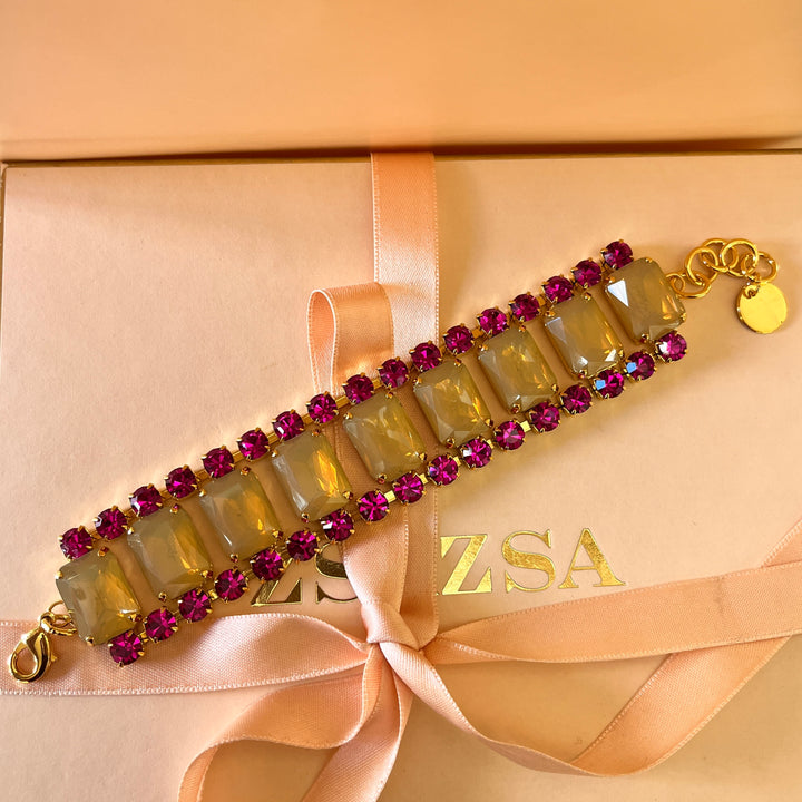 Fuchsia and yellow Swarovski crystals earrings and bracelet