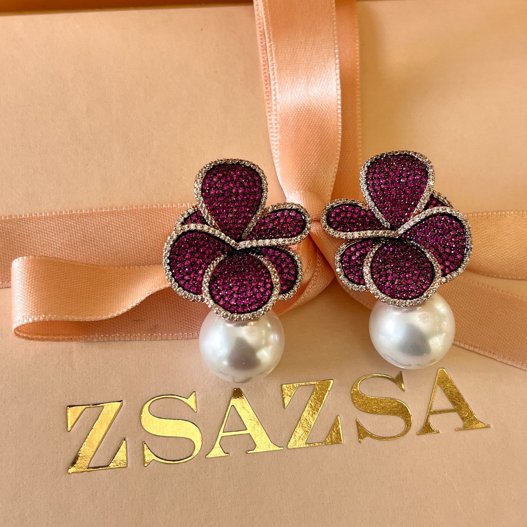 Fuchsia zircone and pearls earrings