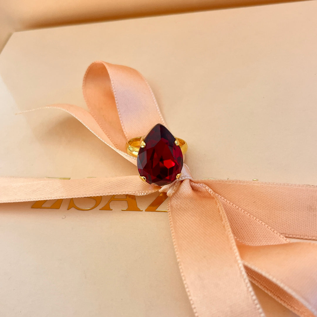 Dark Red teardrop preciosa crystal ring