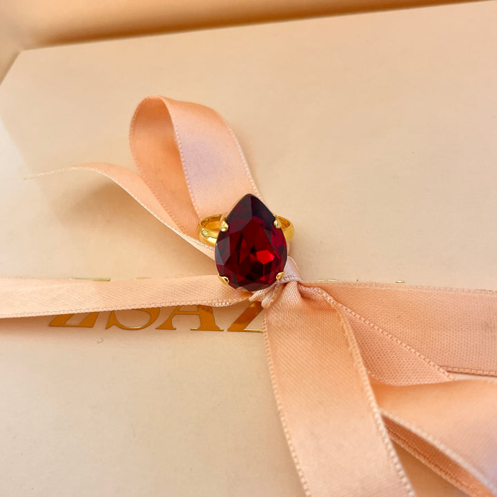 Dark Red teardrop preciosa crystal ring