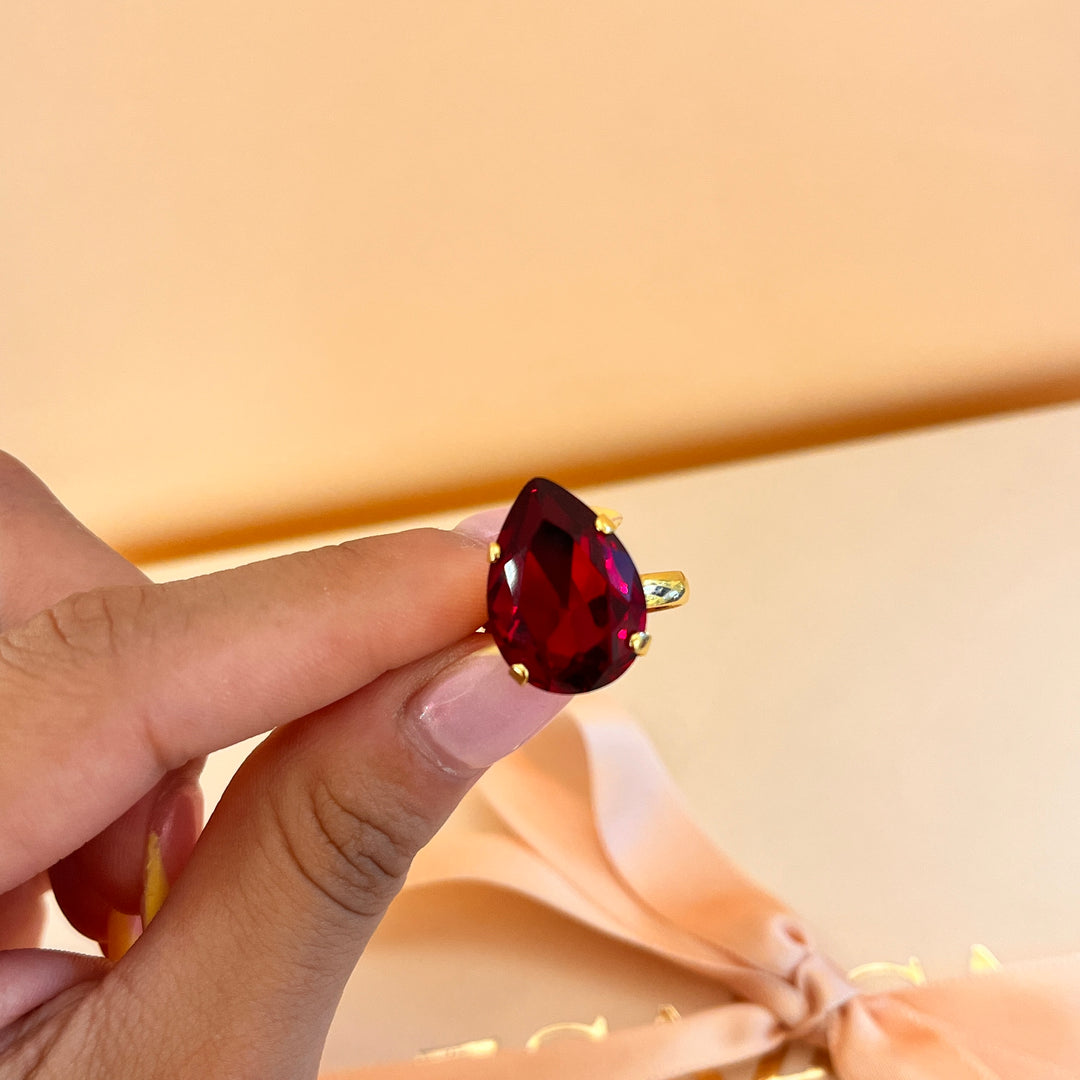 Dark Red teardrop preciosa crystal ring