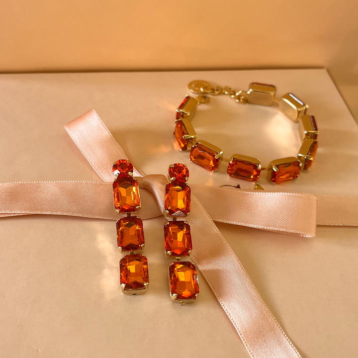 Orange rectangular Swarovski crystals earrings and bracelet