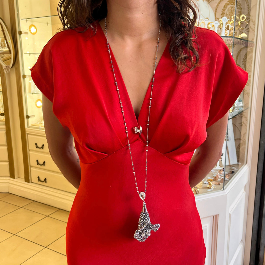 Grey tulip handmade long necklace with Swarovski crystals