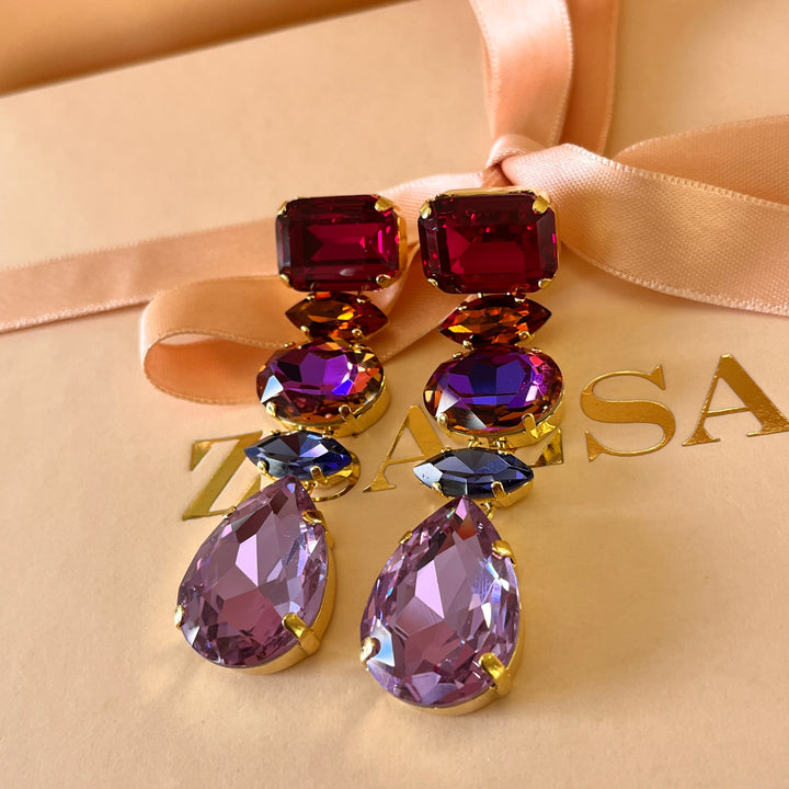 Purple and fuchsia Swarovski crystals earrings and bracelet