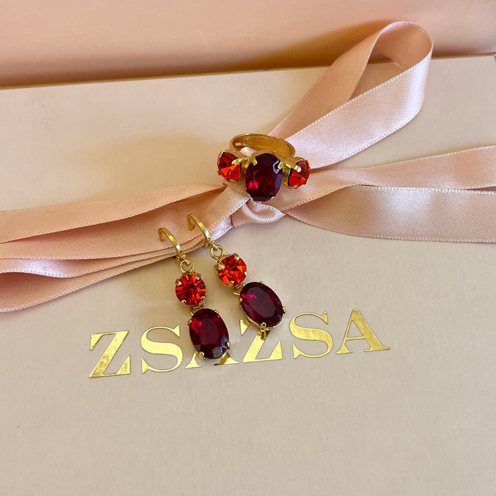 Dark red and Orange Swarovski crystals hooks and ring