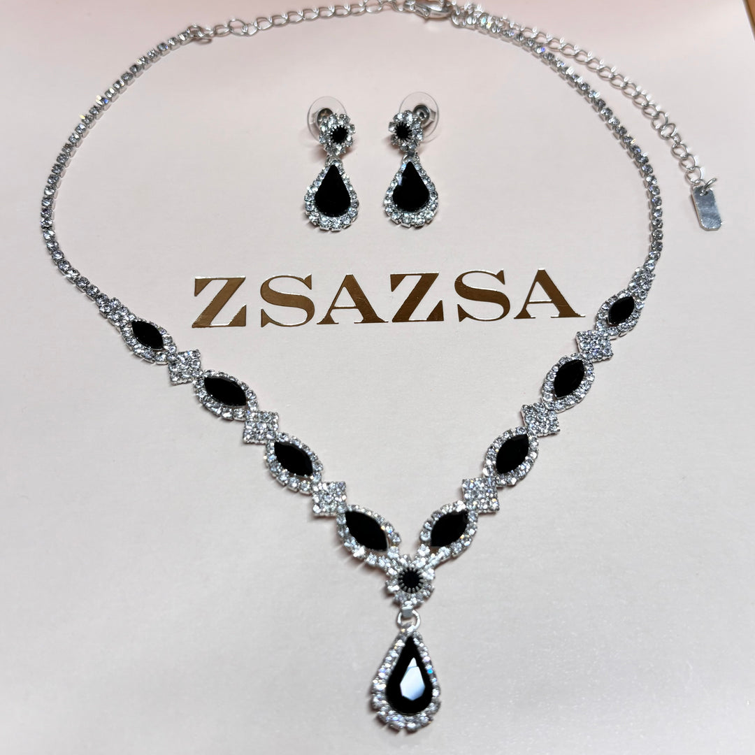 Teardop and marquise black rhinestone silver set