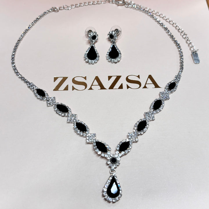 Teardop and marquise black rhinestone silver set