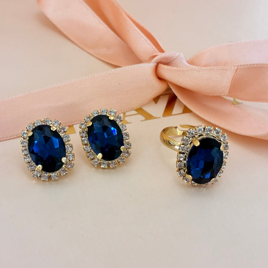 Navy blue oval Preciosa crystals studs and ring