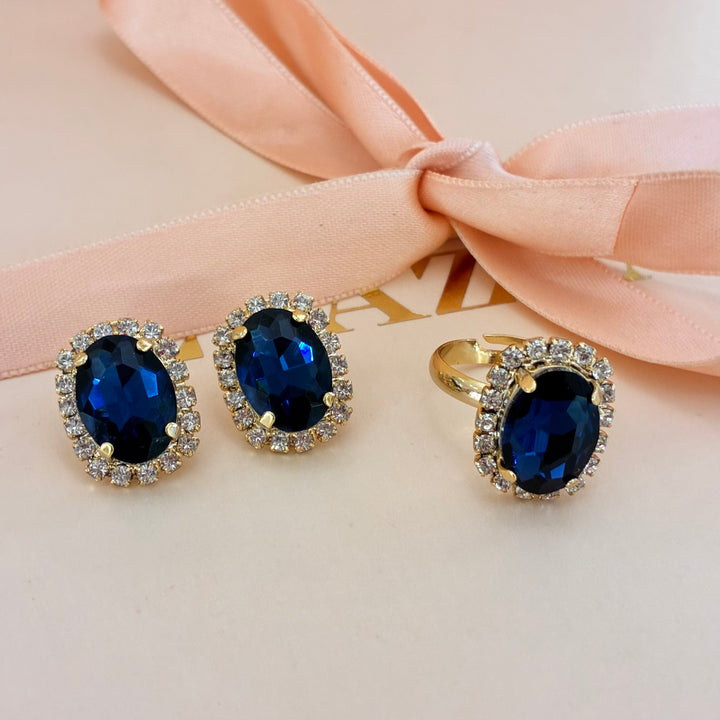 Navy blue oval Preciosa crystals studs and ring