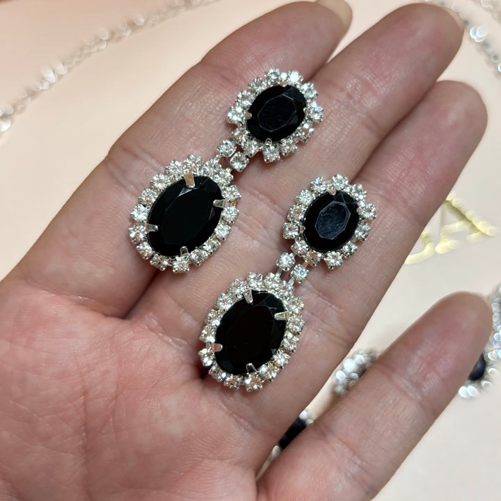 Oval Black rhinestone silver set