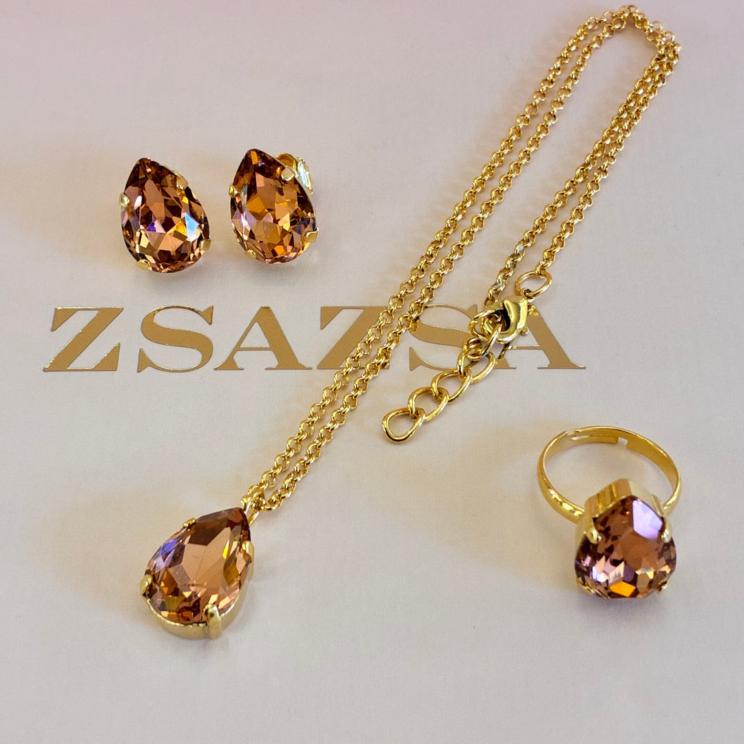 Teardrop Peach Preciosa crystals gold plated set