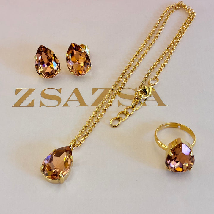 Teardrop Peach Preciosa crystals gold plated set
