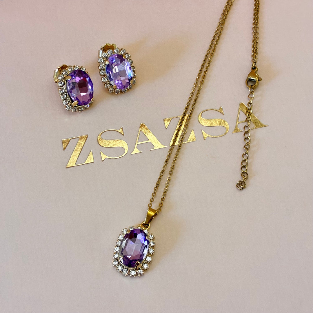Lilac Preciosa crystals oval gold plated pendant set