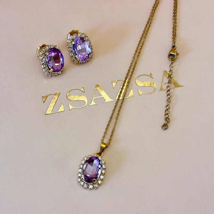 Lilac Preciosa crystals oval gold plated pendant set