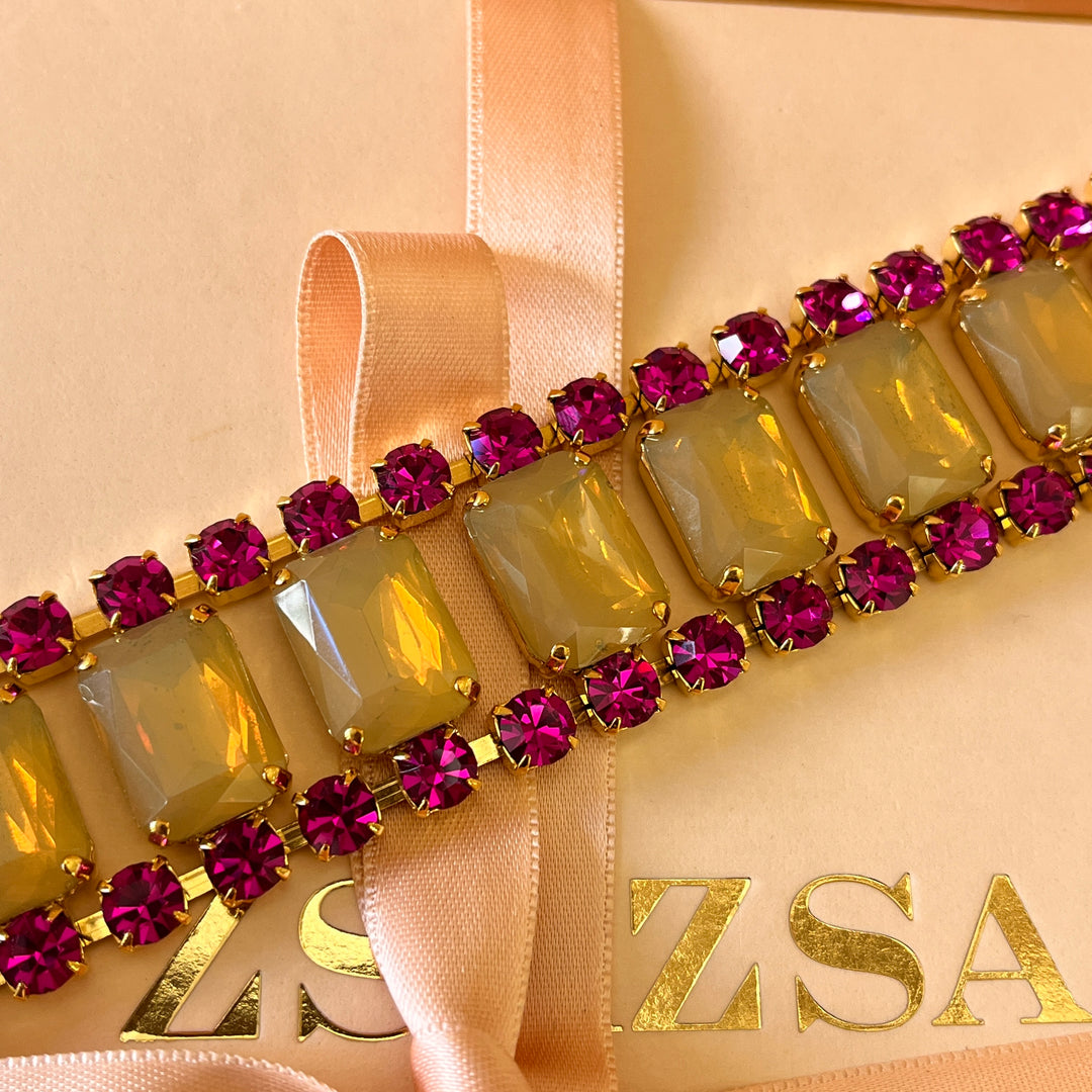Fuchsia and yellow Swarovski crystals earrings and bracelet