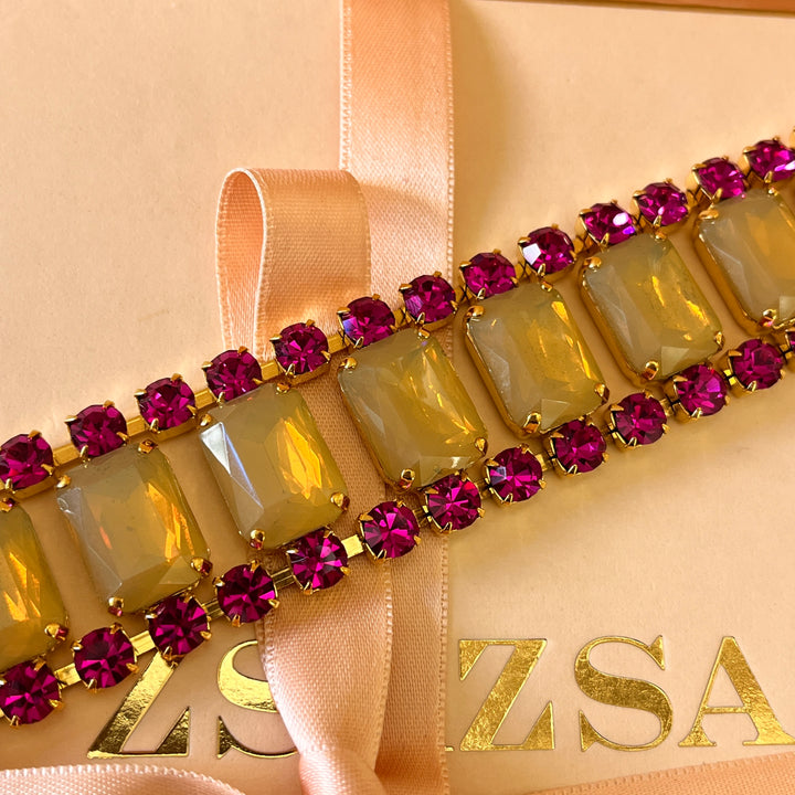 Fuchsia and yellow Swarovski crystals earrings and bracelet