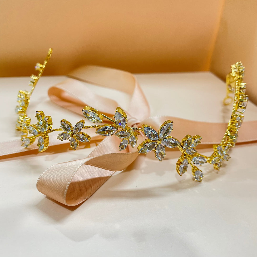 Gold cubic Zircone flowers and leaves headpiece