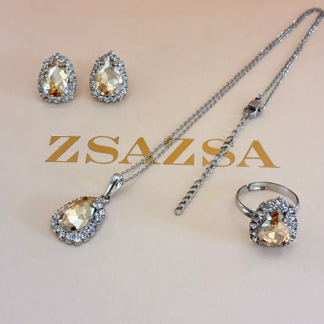 Teardrop Champagne Preciosa crystals silver set