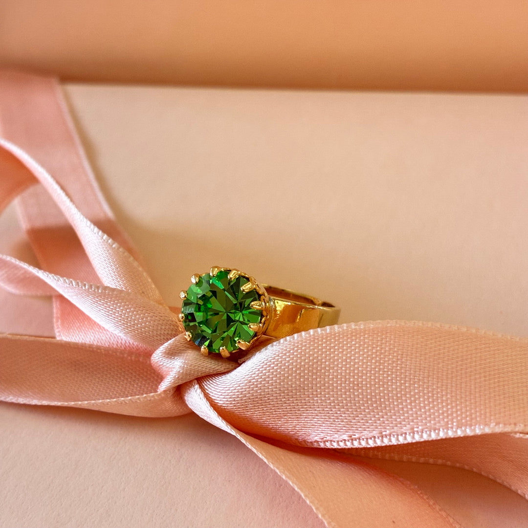 Green solitaire Preciosa crystals gold plated ring