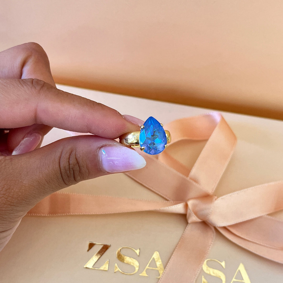 Light blue teardrop Swarovski crystal ring