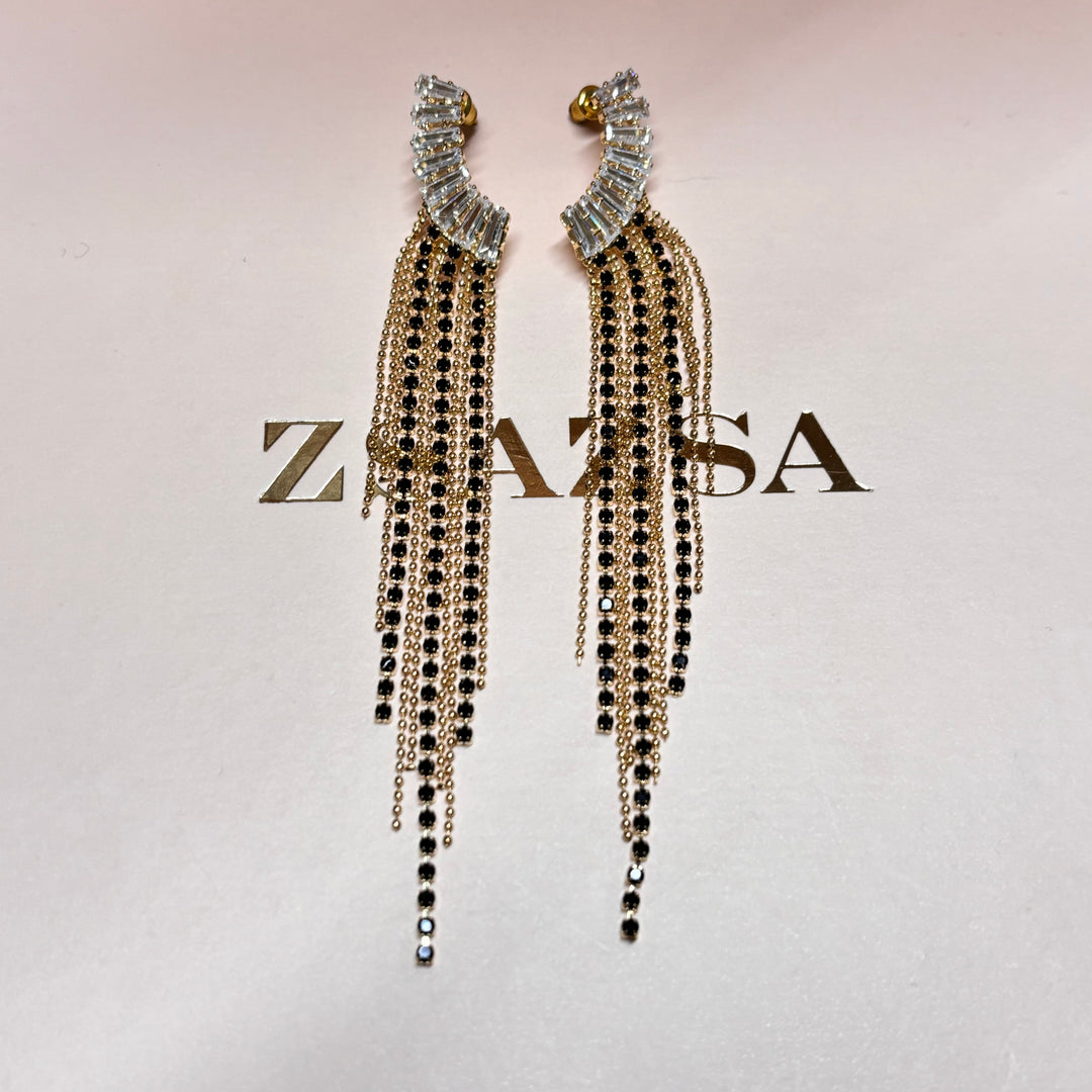 Black rhinestone gold fringe earrings
