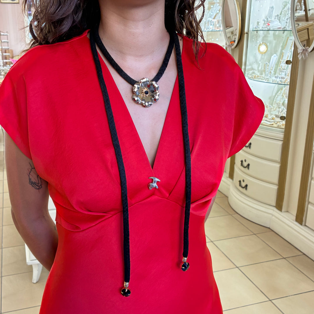 Black silk cord necklace with Flower Preciosa crystals