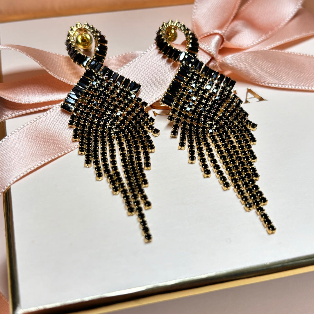 Black rhinestone gold fringe earrings