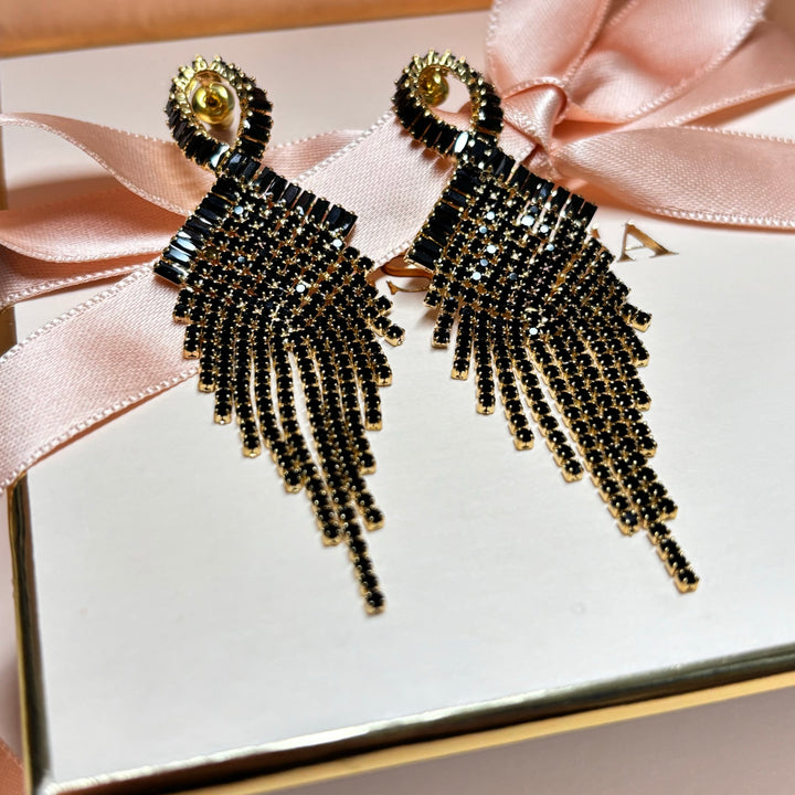 Black rhinestone gold fringe earrings