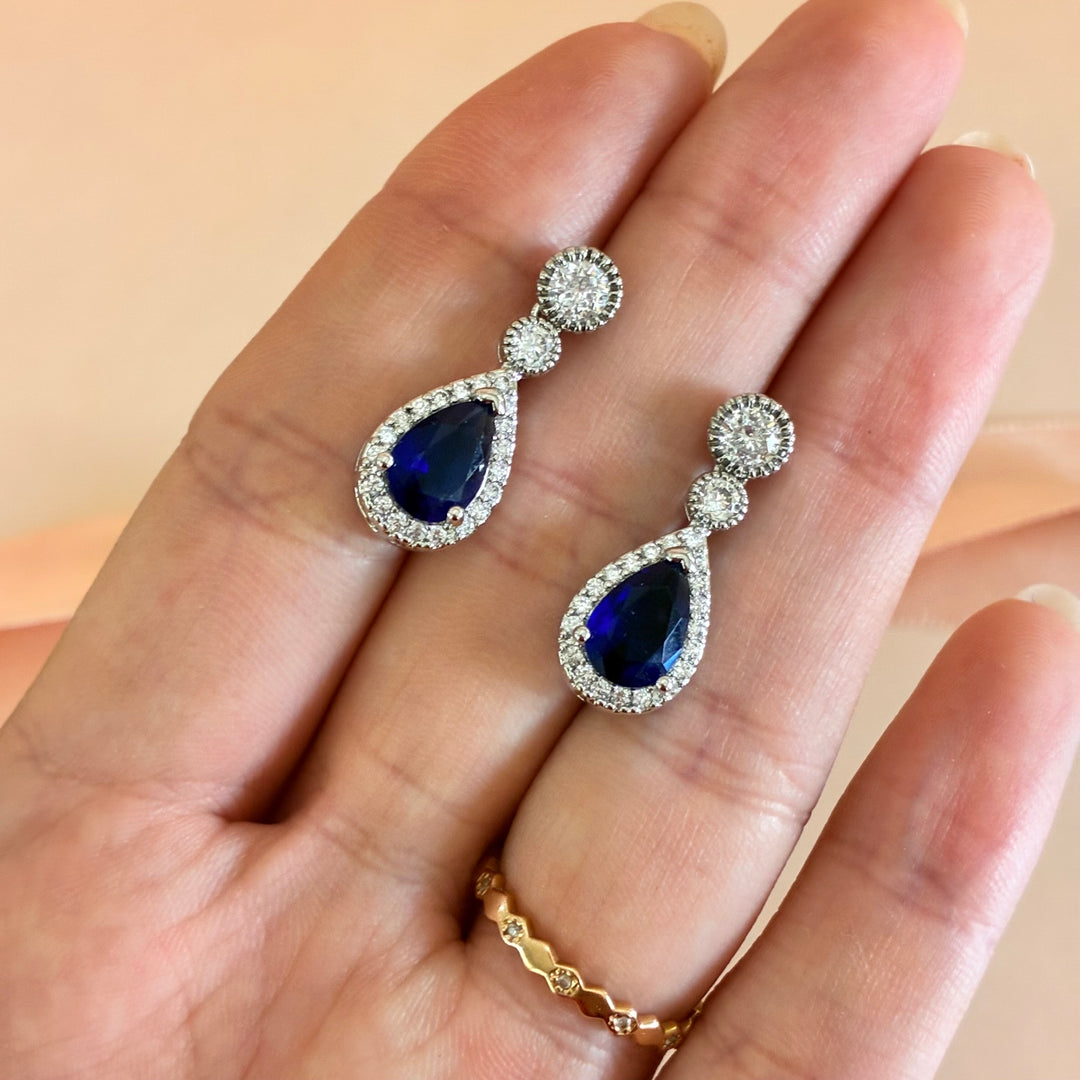 Teardrop navy blue silver earrings