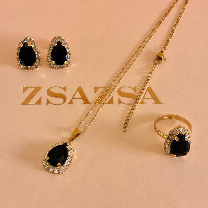 Teardrop Black Preciosa crystals gold plated set